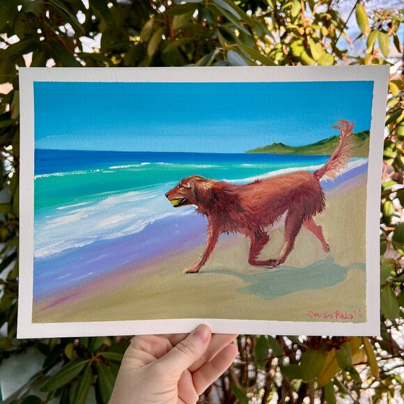 Golden Retriever Original Oil Painting On Paper Malibu Beach Fetch Tennis Ball